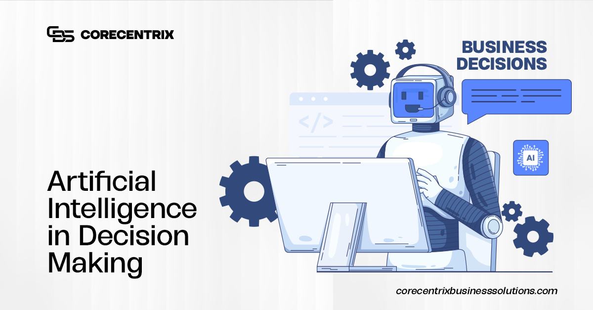 AI in business decisions concept showing artificial intelligence analyzing data to support strategic decision making in modern organizations.