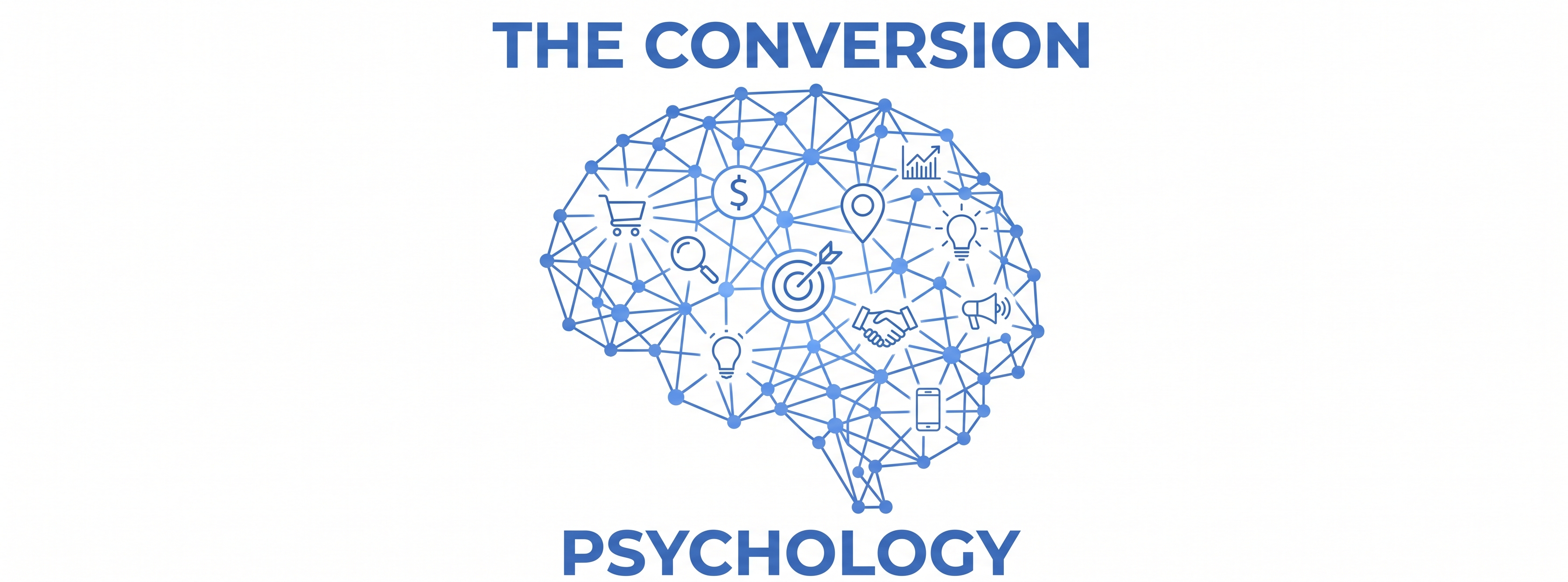 Marketing concept of a neural brain network representing conversion psychology and user decision-making with business and engagement icons.