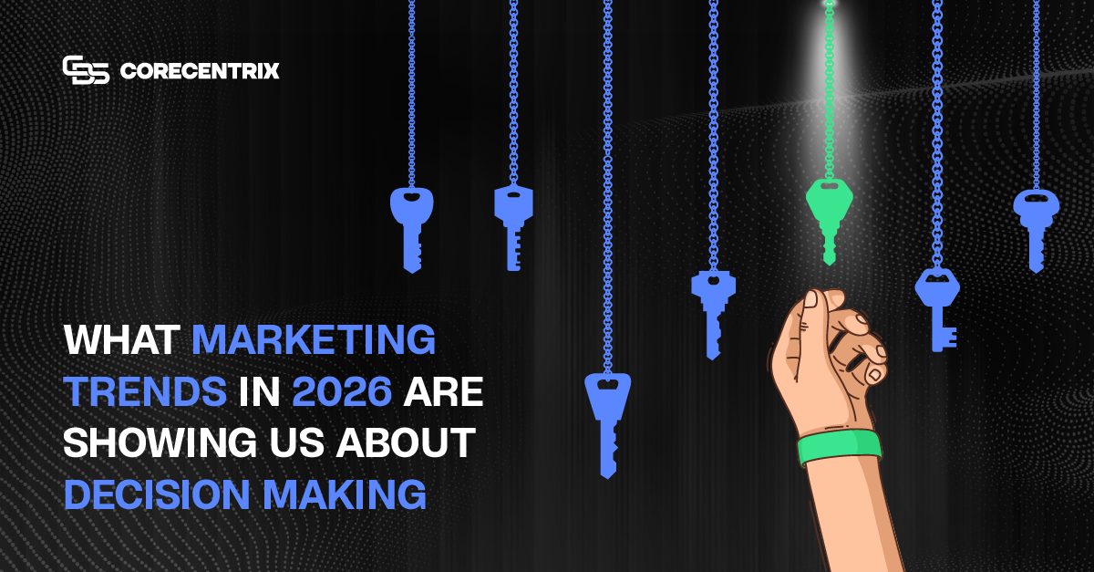 Marketing decision-making concept with hanging keys, where one green key is highlighted and being selected, representing strategic clarity in 2026 marketing decisions.